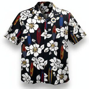 Vintage Hawaiian Aloha Camp Shirt Surfboard Floral Short Sleeve Navy Size L